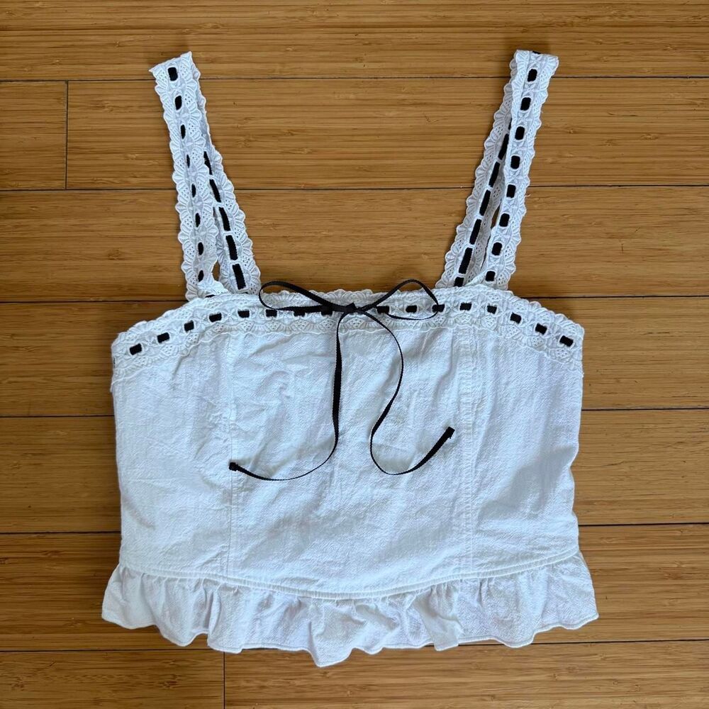 Kirious White Ruffle Crop Tank XL Black Ribbon Lace Up Y2K Coquette